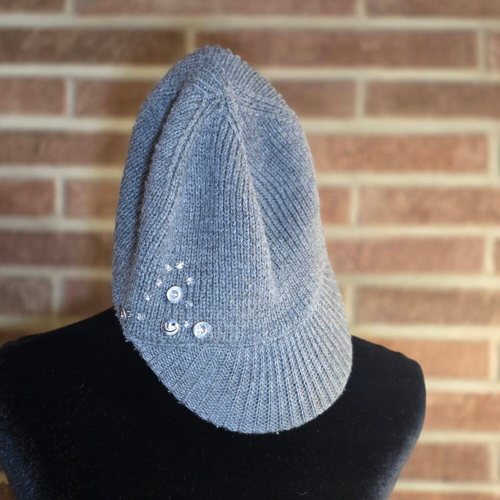 Joe Boxer Gray Knit Visor Beanie Hat Rhinestone Gem Accents OSFM Y2K